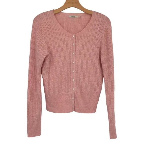 Tyler bow women's cardigan sweater pink size large cable knit linen blend - Picture 2 of 8